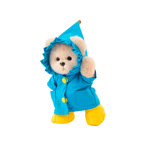 Медведь Lina TeddyTales, в синем дождевике, молочный, брелок, XS, 15 см